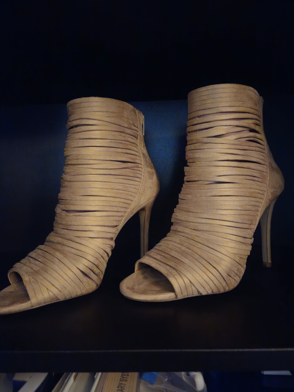 BCBGeneration Taupe Strappy Open-Toe Stiletto Booties